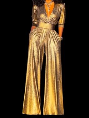 Uoozee Liquid Gold Metallic V-Neck Long Sleeve Jumpsuit w/ pockets NWT